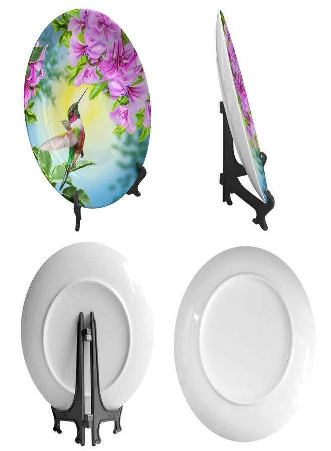Bictucem Floral Decorative Ceramic Plates, 8 Inch, Bird Hummingbird with Pink Flowers, Round Display Plate, Hanging Decorative Plate with Display Stand, for Display Living Room Kitchen Closet Table Decor - Image 2
